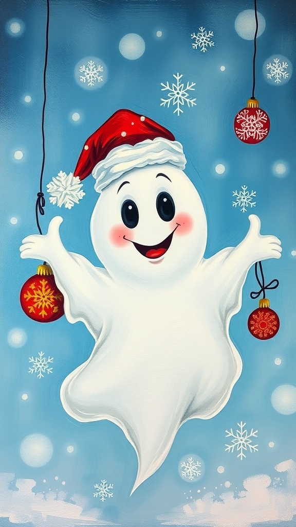 A cheerful ghost painting for Christmas with ornaments and snowflakes on a blue background.